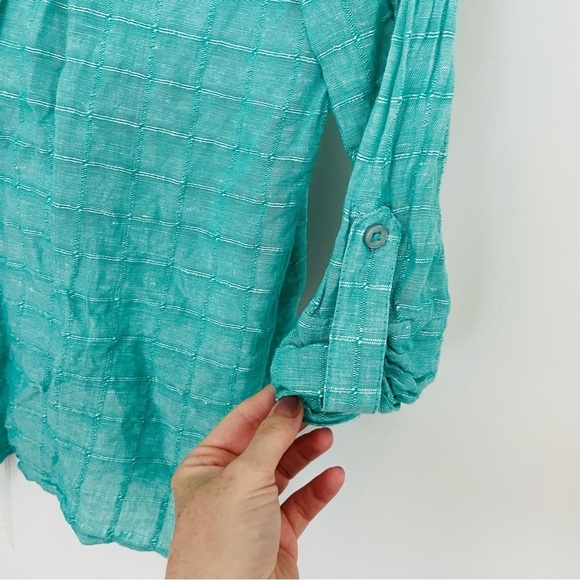 Kim Rogers Linen/Cotton 3/4 Sleeve Button Down Shirt Turquoise - Picture 5 of 14
